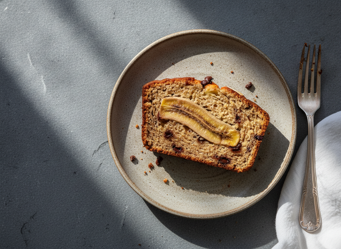 A slice of high-protein banana bread under cold light