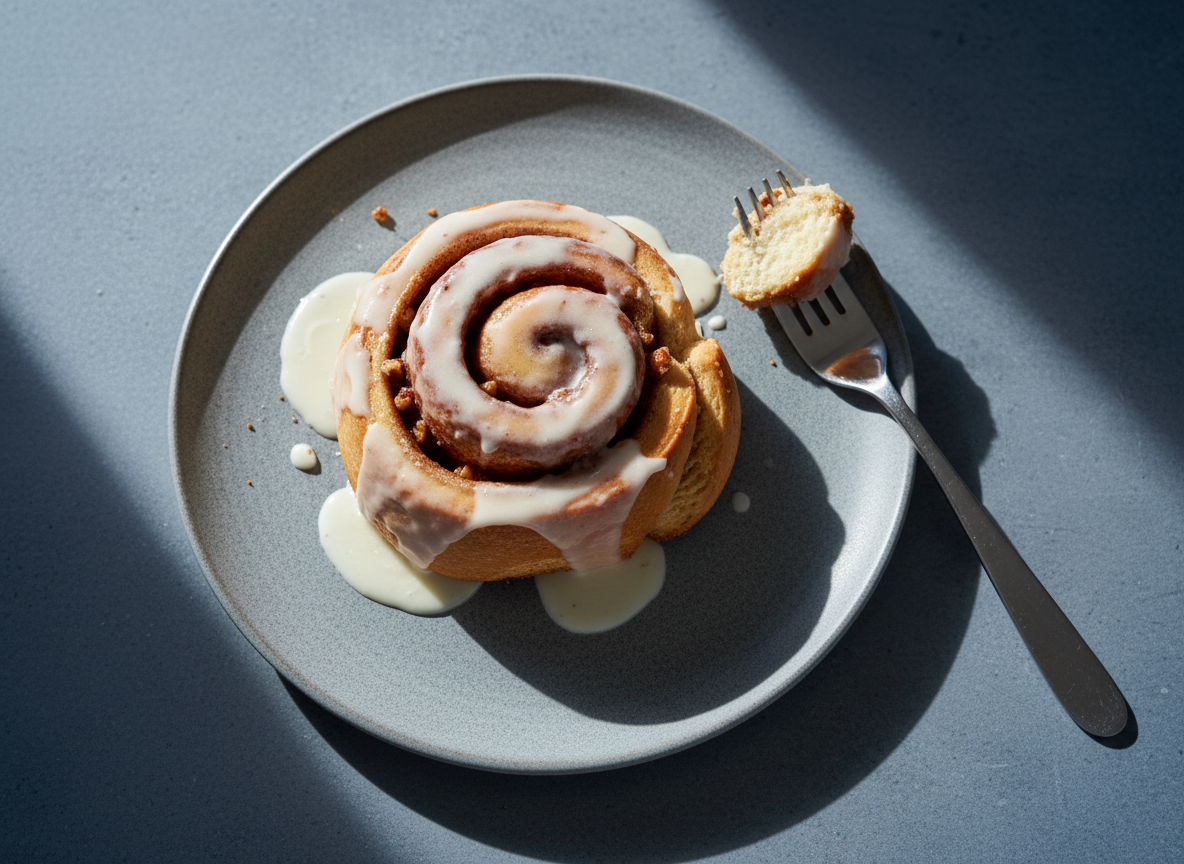A high-protein cinnamon roll with glaze under cold light