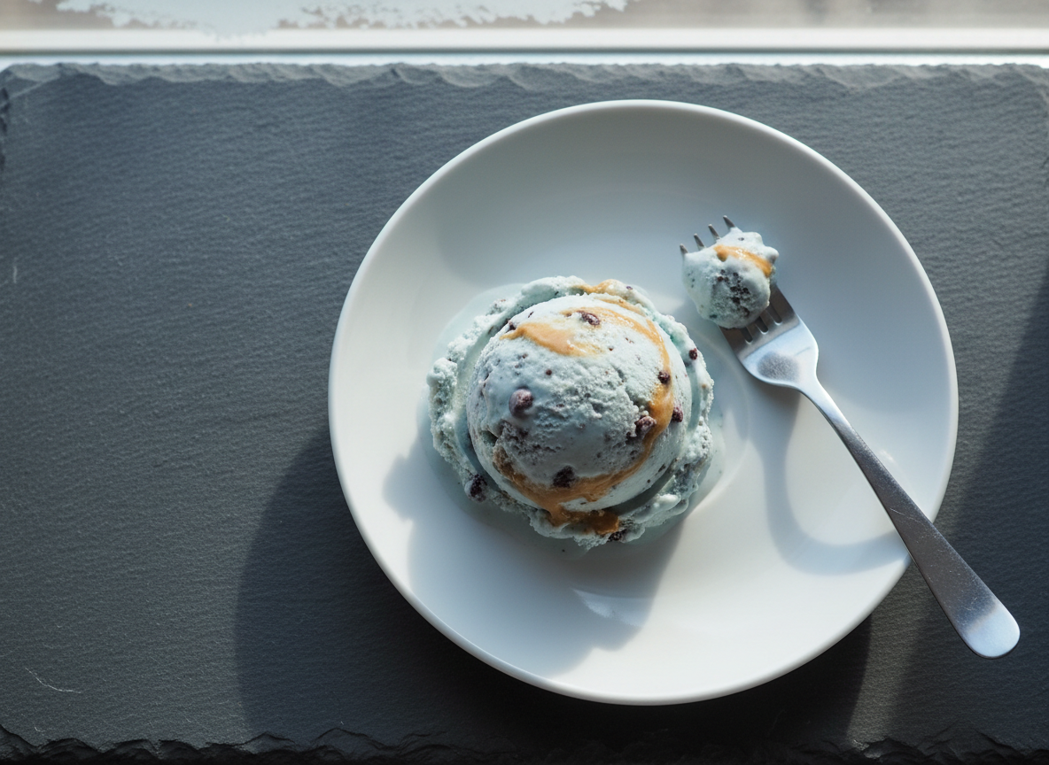 A scoop of anabolic protein ice cream in a bowl, plated under cold light