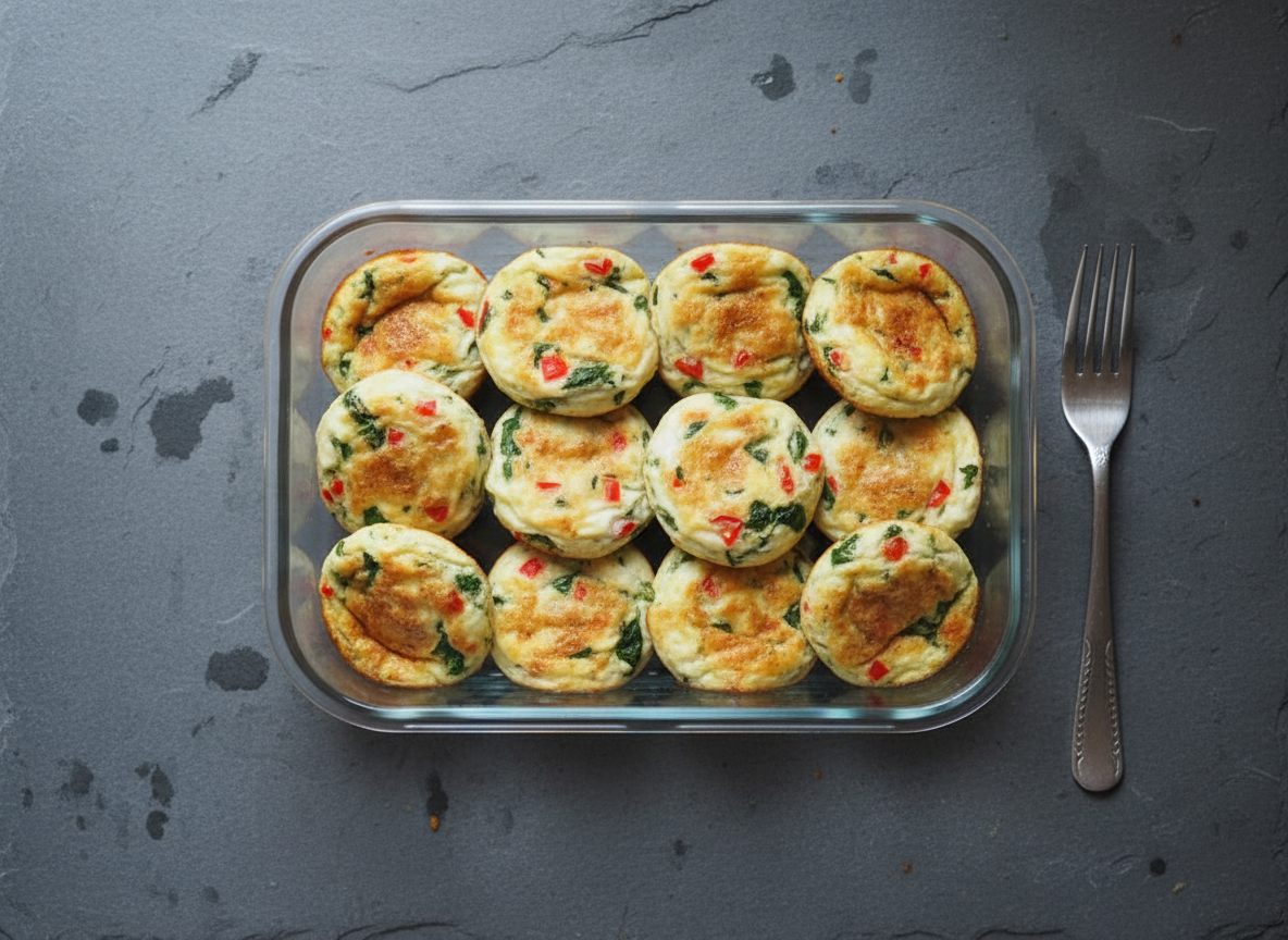 A batch of egg-white muffins cooling on a rack under cold light