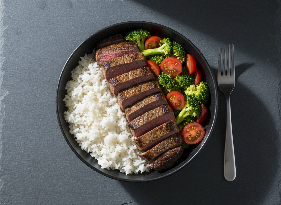 High-volume beef and rice power bowl