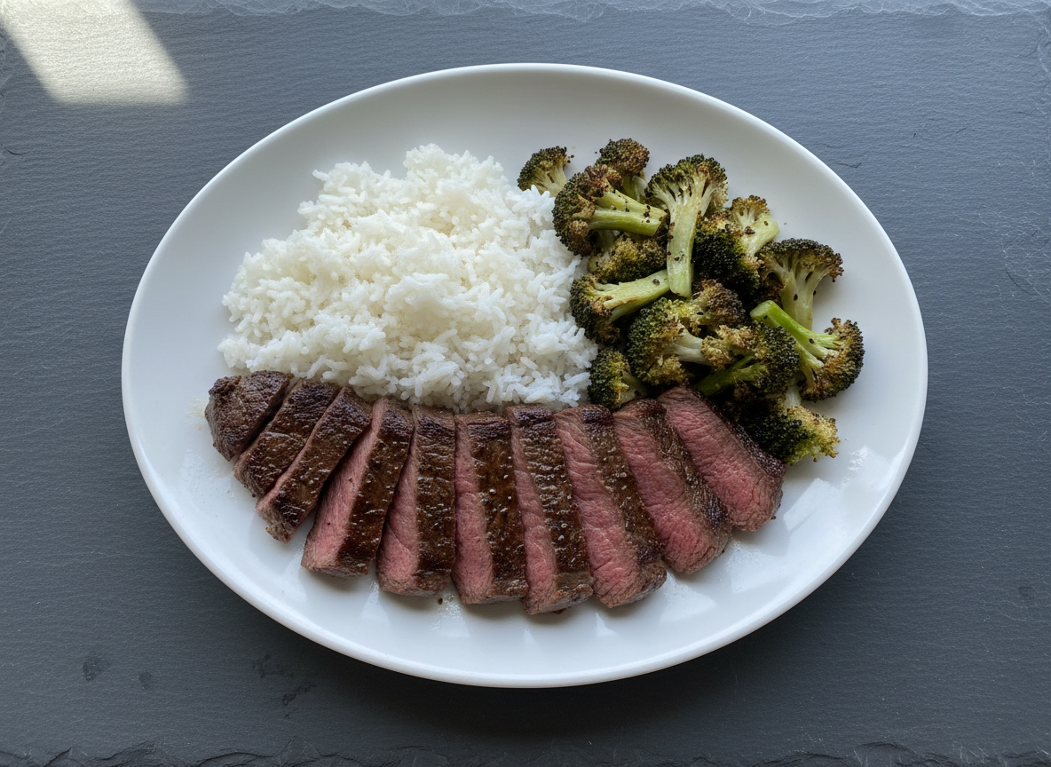 Ribeye steak with rice and broccoli on a slate plate