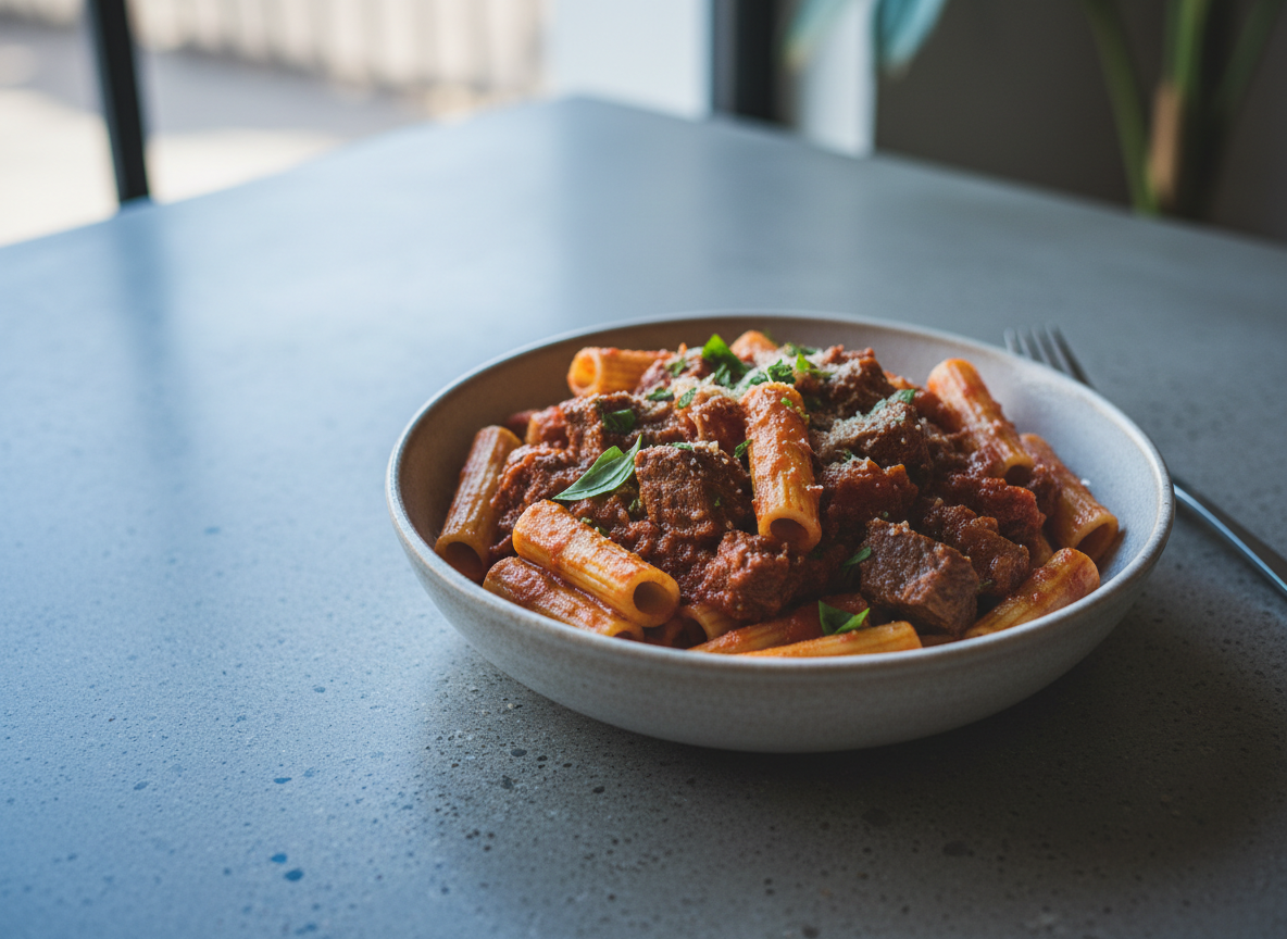 Ground beef and pasta in a rich tomato sauce