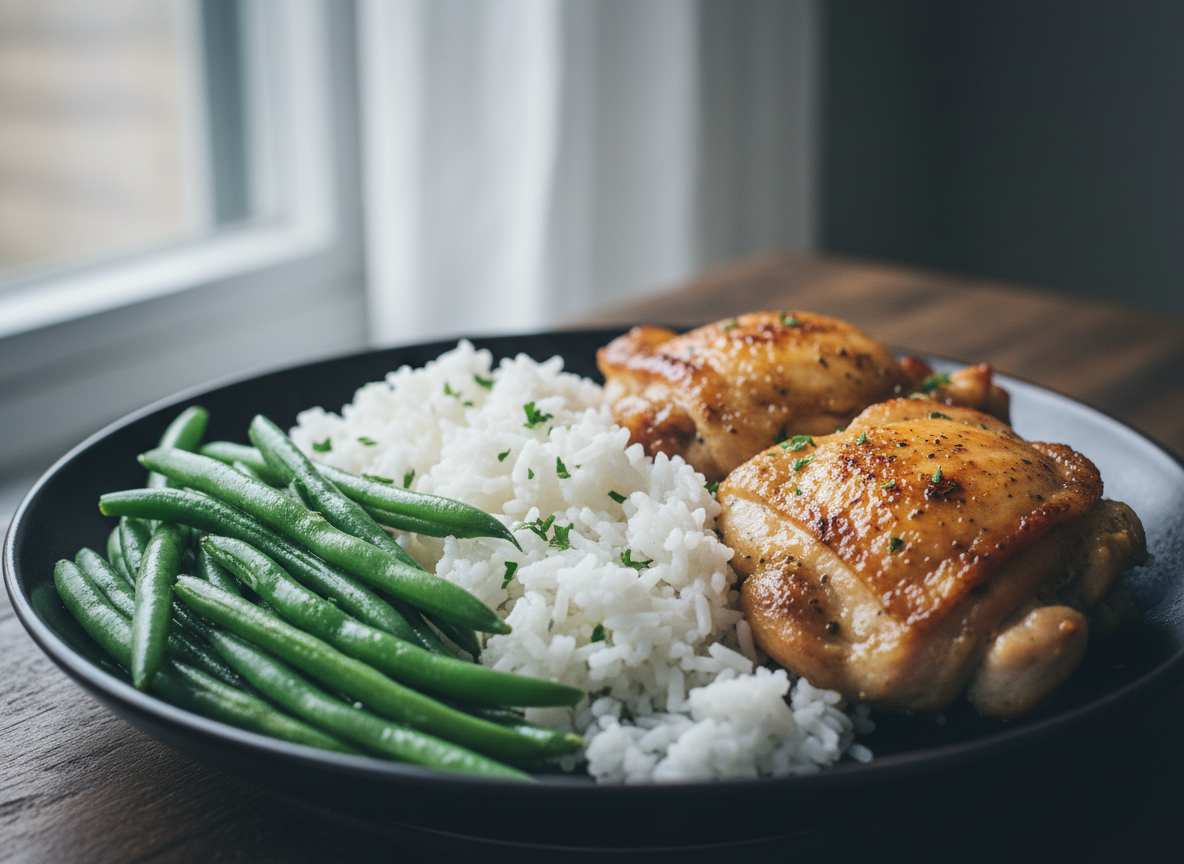 Chicken thighs with rice and beans in a bowl