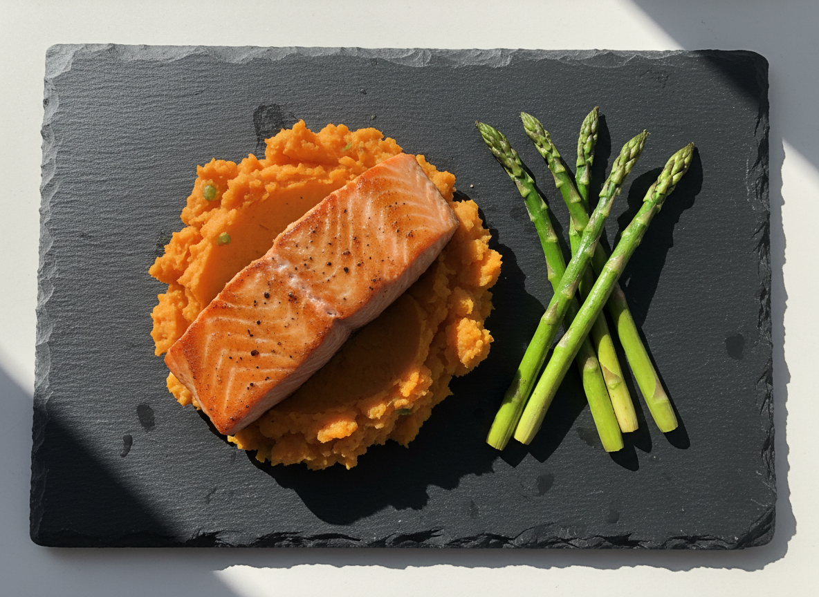 Baked salmon with roasted sweet potato and asparagus