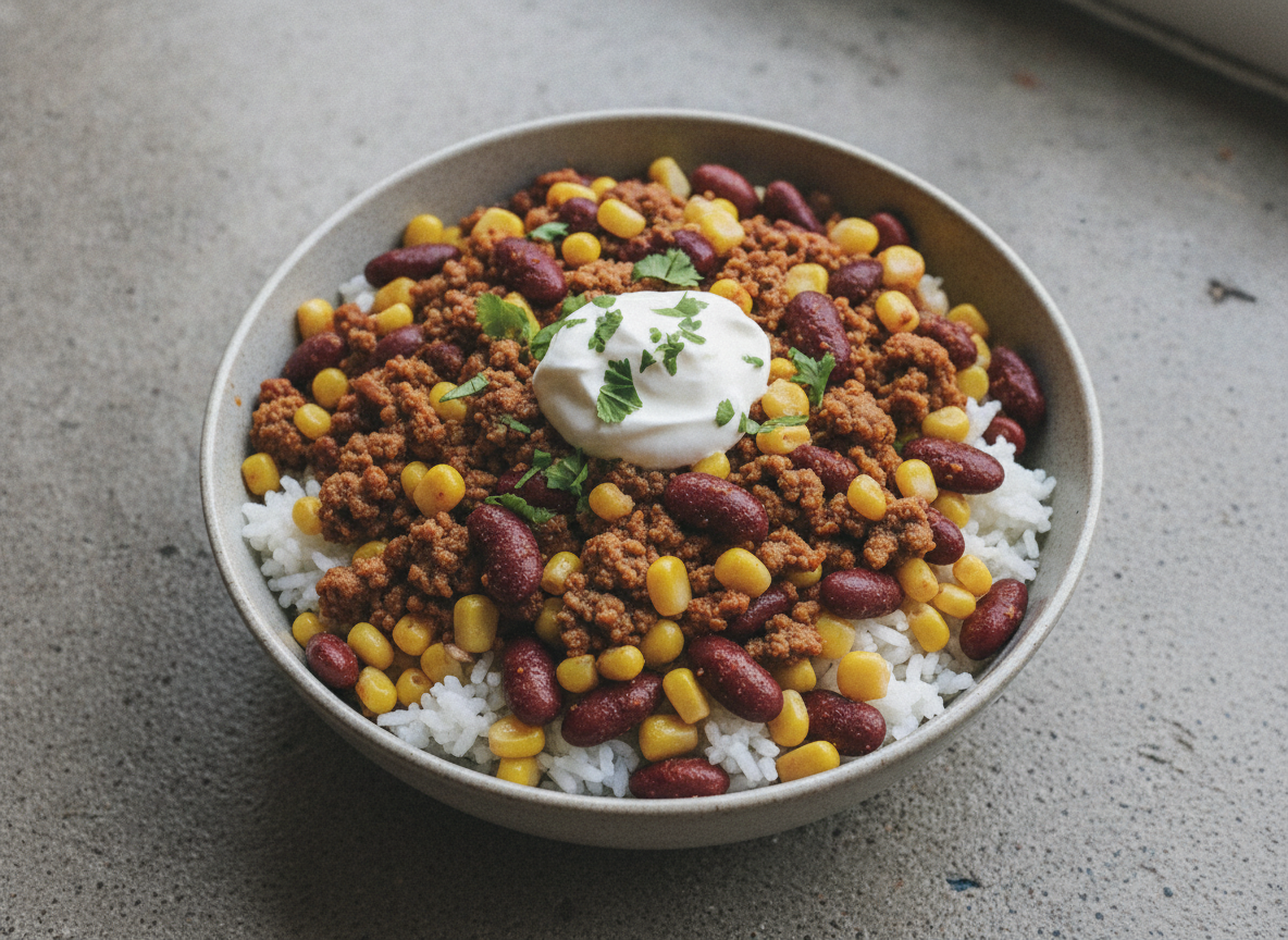 Loaded beef burrito bowl with rice, beans and cheese
