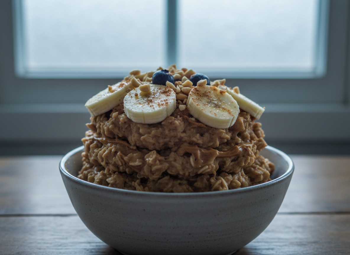 Peanut-butter protein oats topped with banana