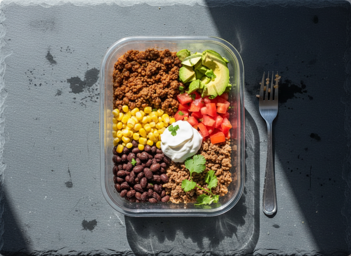 Burrito bowl meal-prep containers portioned under cold light