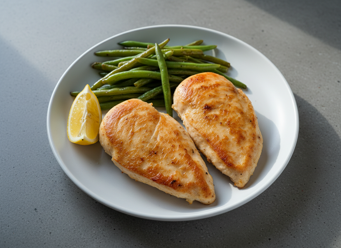 Lean baked chicken cutlets with green beans