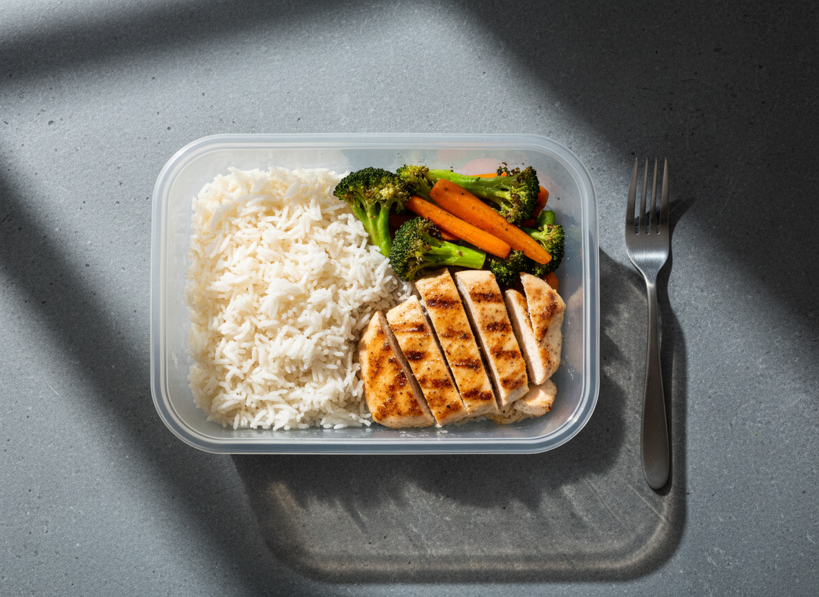 Five containers of chicken, rice and roasted veg lined up under cold light