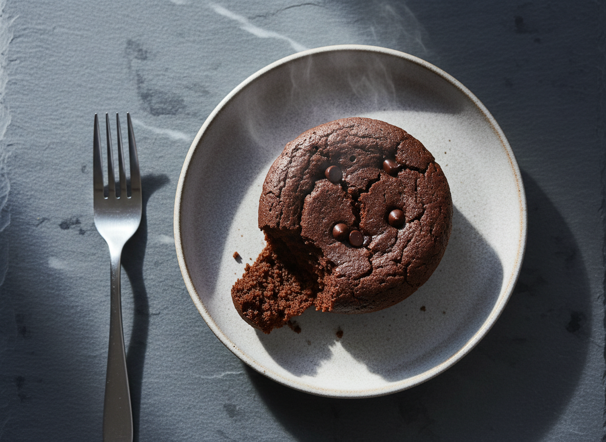 A warm chocolate protein mug cake in a mug, plated under cold light