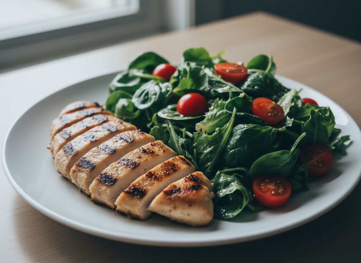Grilled chicken breast with a large fresh salad