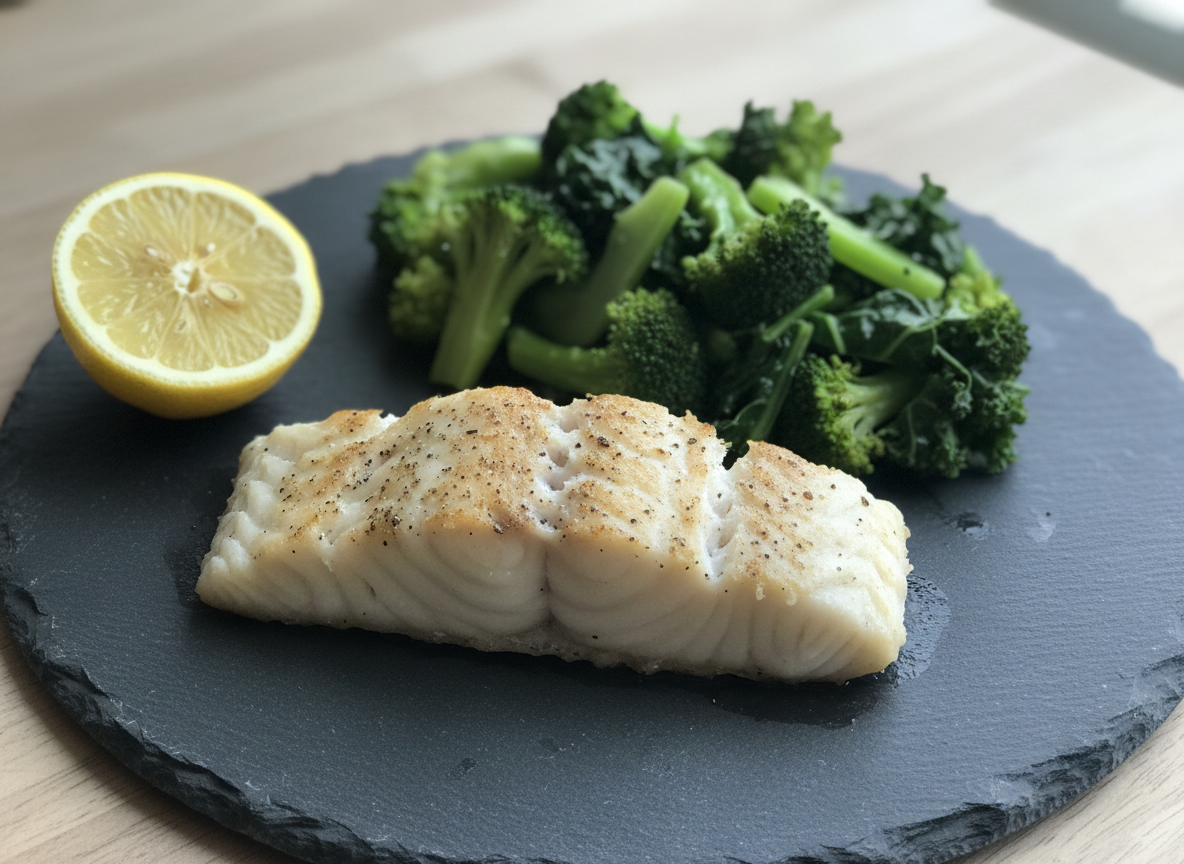 Baked cod fillet with a pile of green vegetables