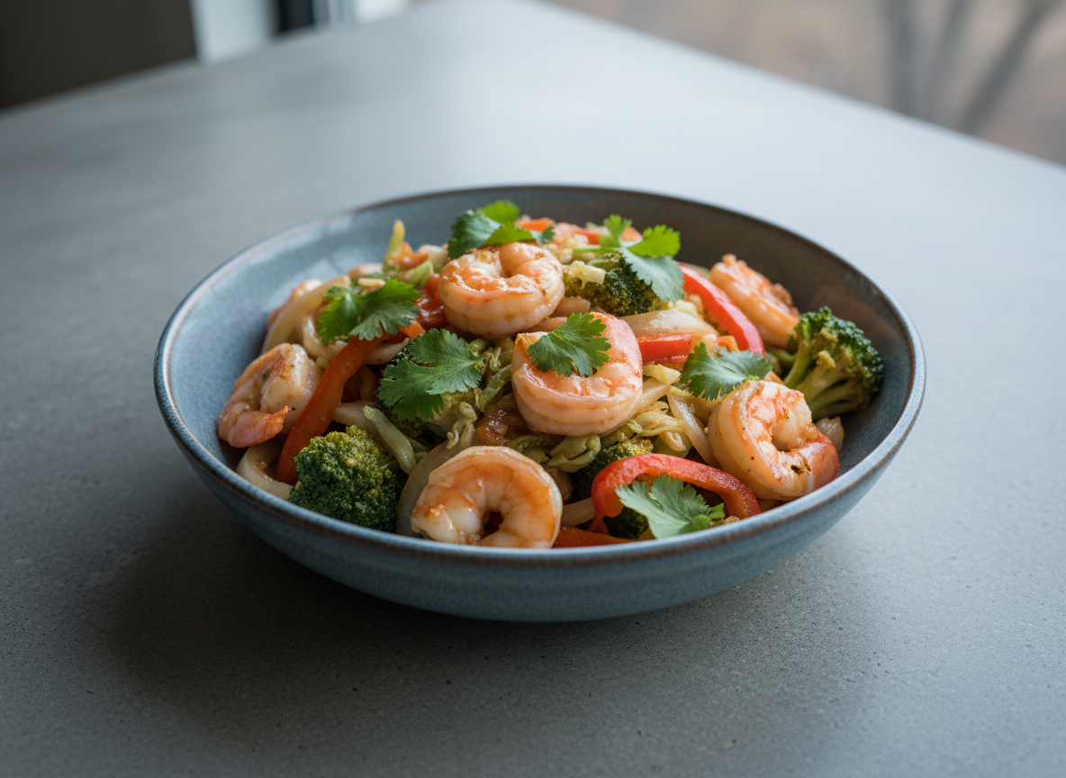 Shrimp and vegetable stir-fry in a pan