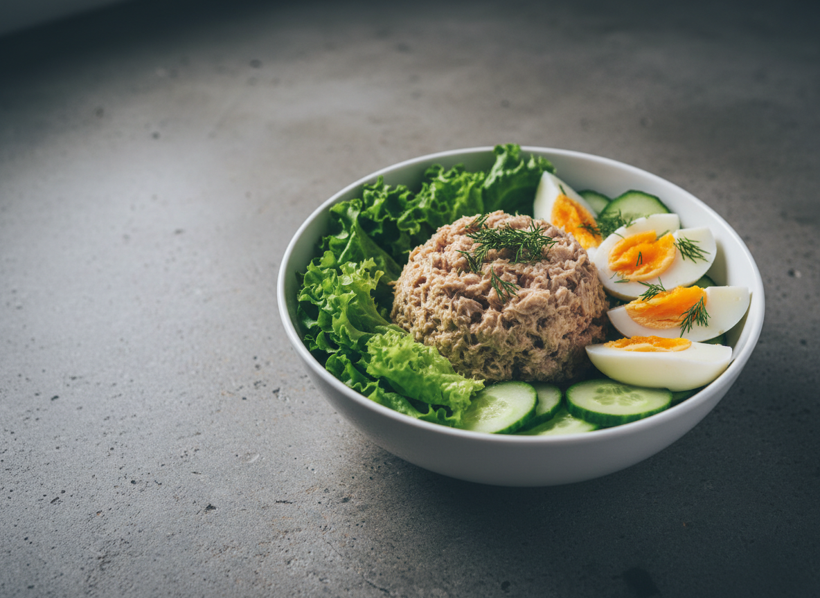 Tuna salad bowl with greens and vegetables