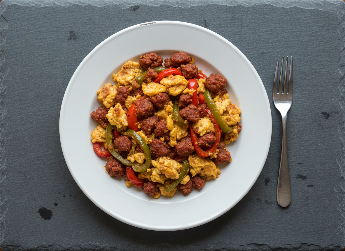 Eggs cooked with chorizo and peppers in a skillet under cold light