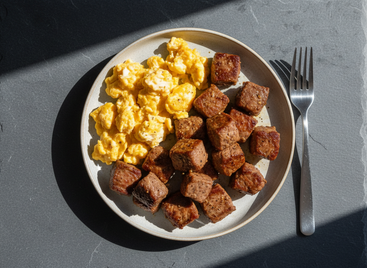 Seared steak bites in garlic butter beside two soft eggs under cold light