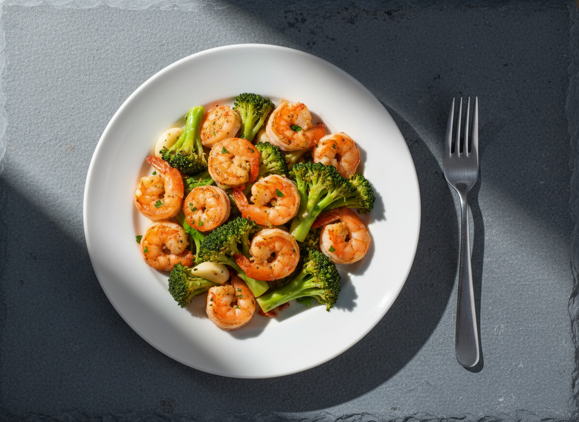 Seared garlic prawns piled over bright steamed broccoli on a plate under cold light