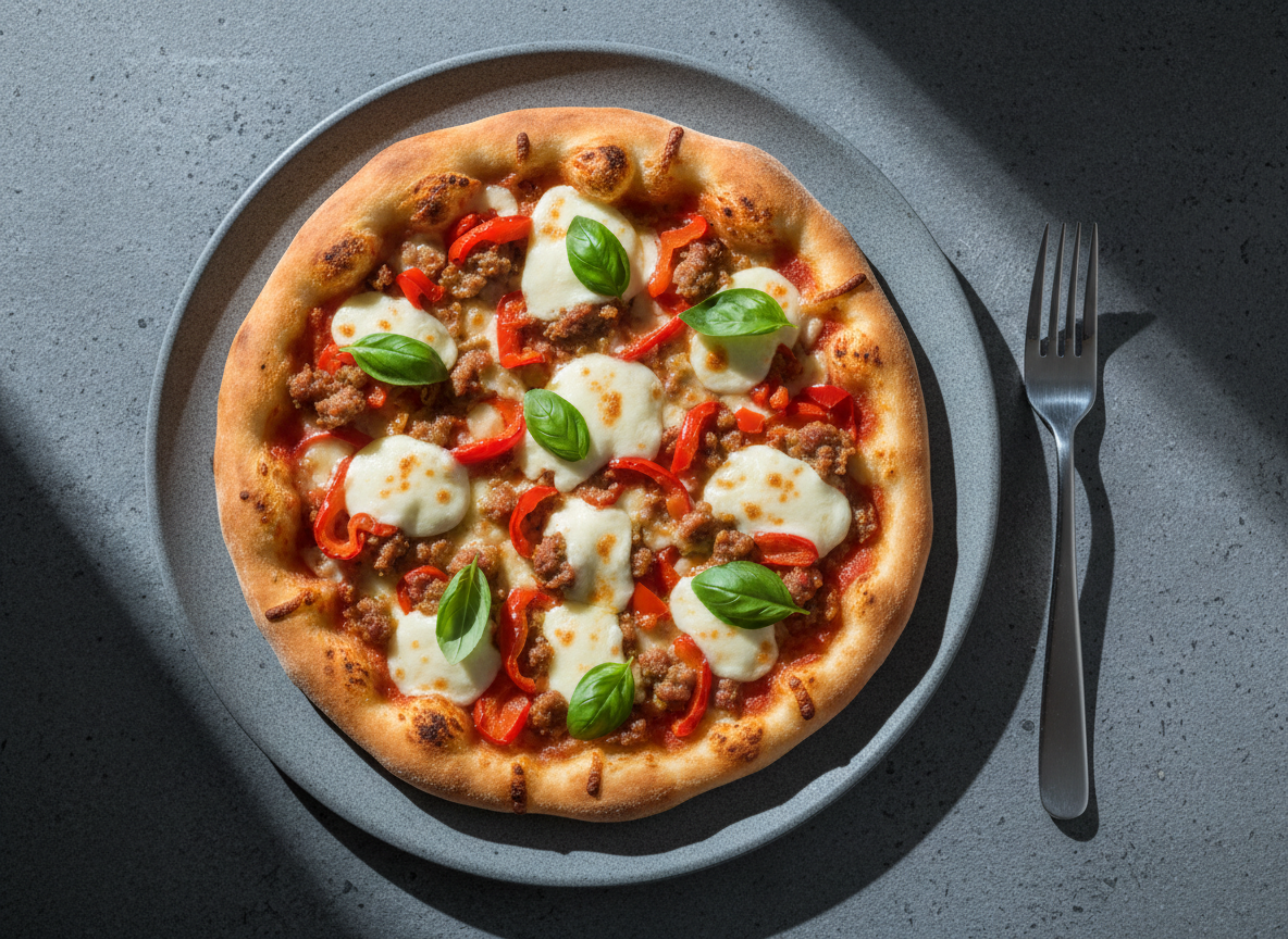 A high-protein flatbread pizza cut into slices under cold light