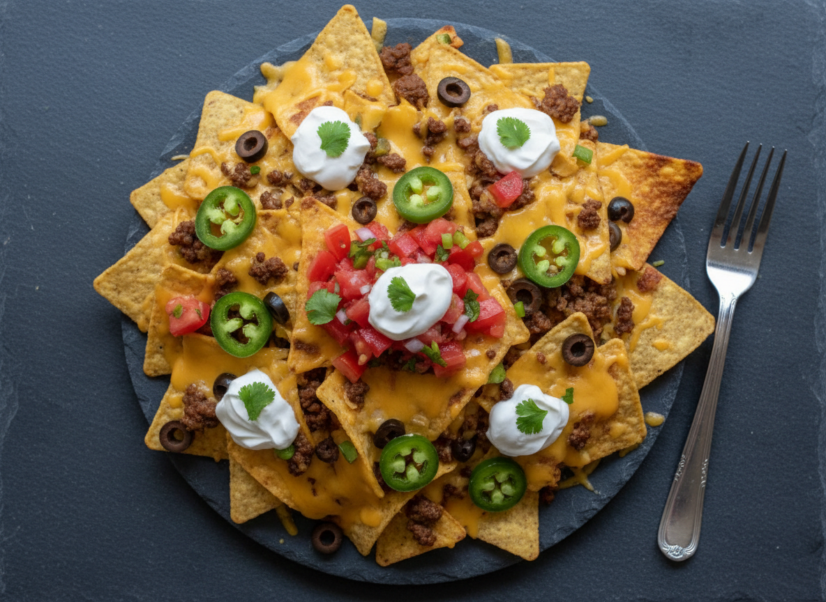 A plate of high-protein loaded nachos under cold light