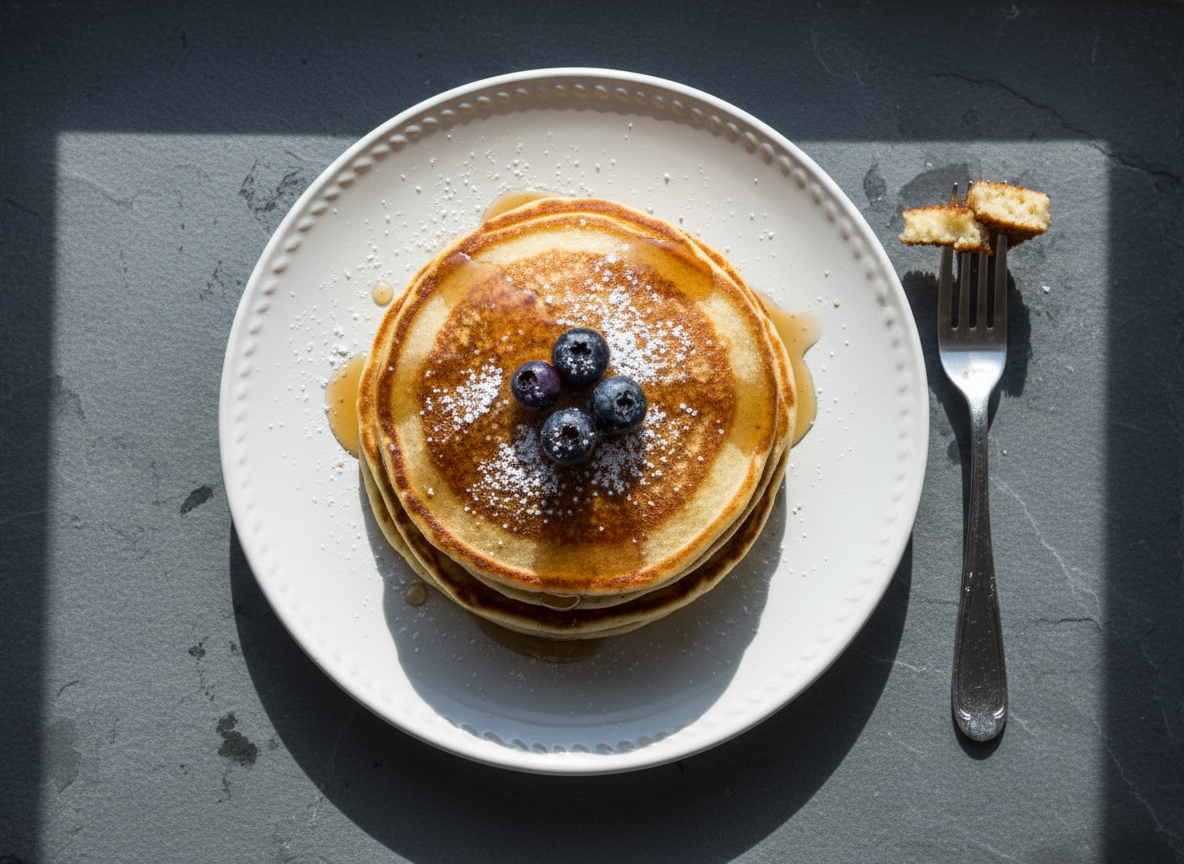 A stack of golden high-protein pancakes under cold light