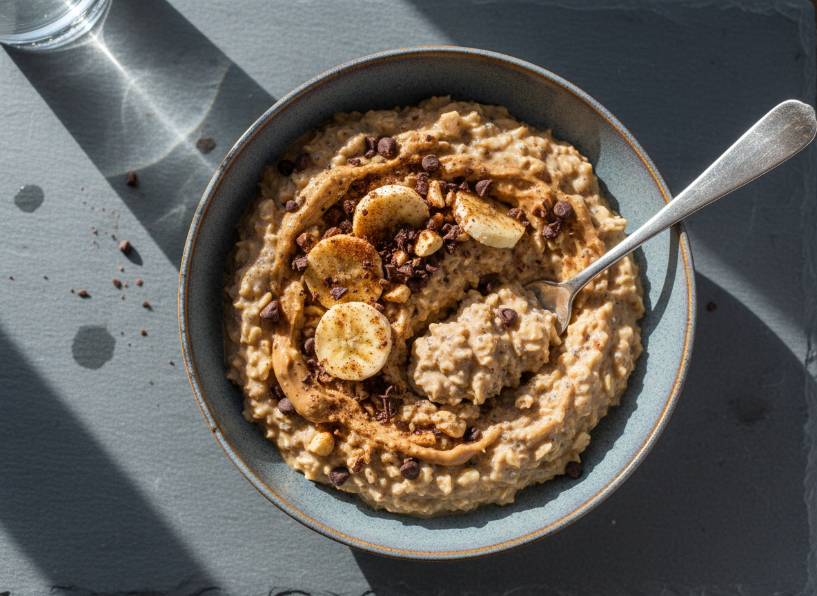 A jar of mass-gainer overnight oats with banana and nuts, under cold light