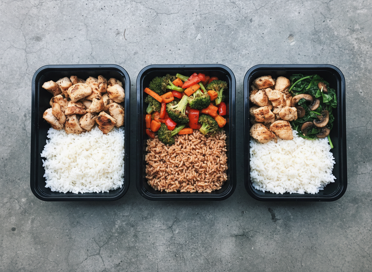 Meal-prep containers with chicken, rice and vegetables