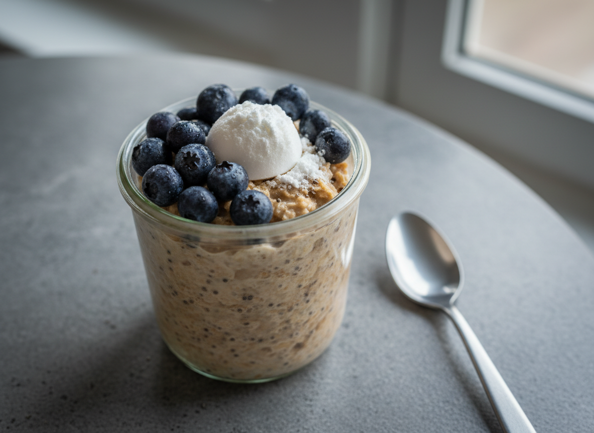 Casein-loaded overnight oats with blueberries