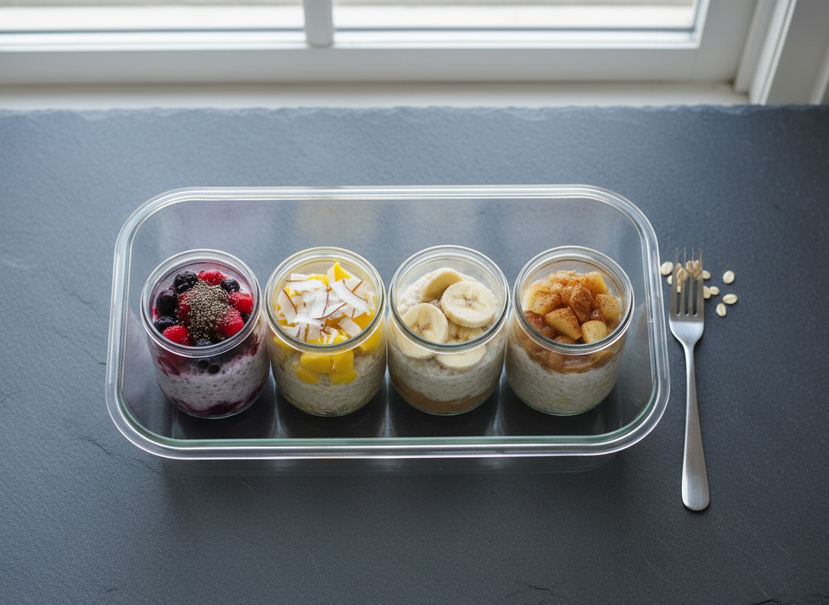 Five jars of overnight oats lined up and ready for the week under cold light