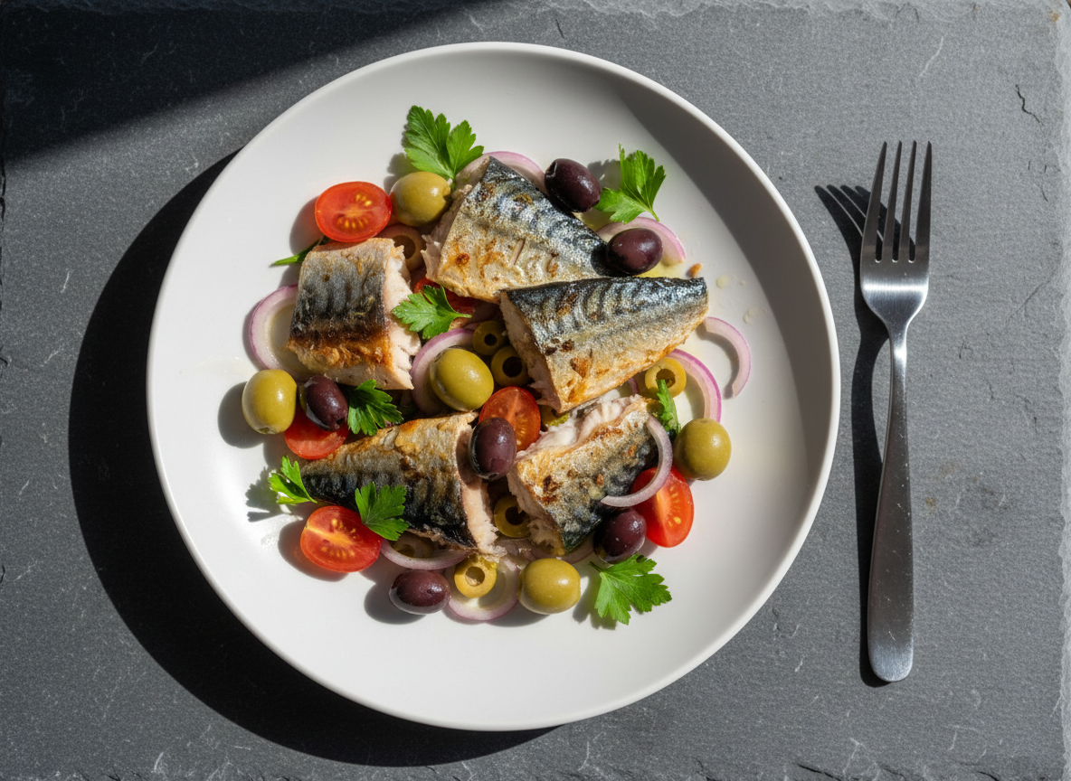 Pan-seared mackerel fillets with an olive salad on a plate under cold light