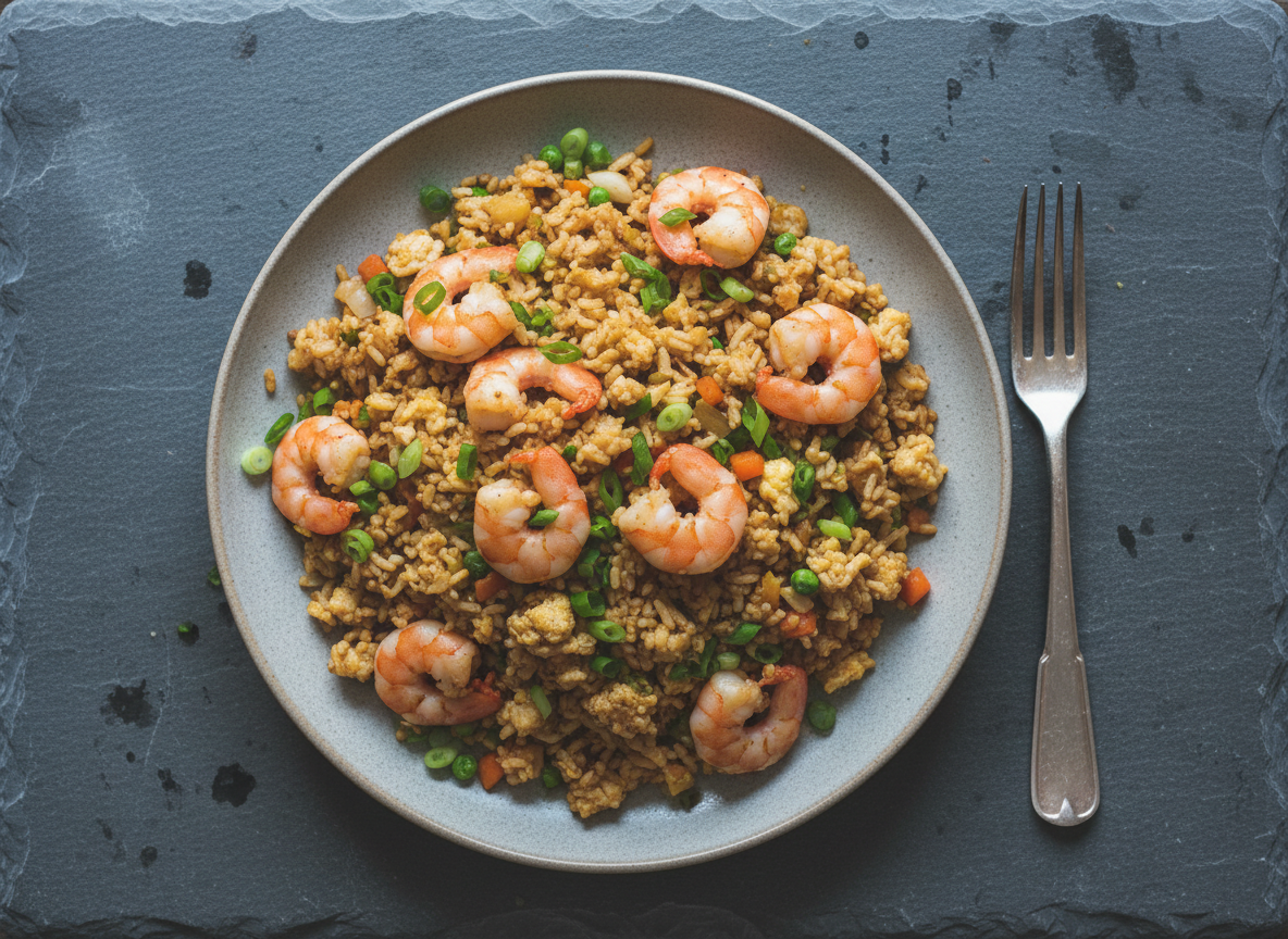 Cauliflower rice being squeezed dry in a clean cloth beside patted prawns
