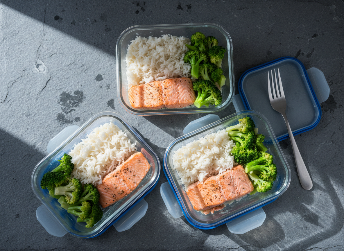 Salmon and rice prep boxes with roasted veg portioned under cold light