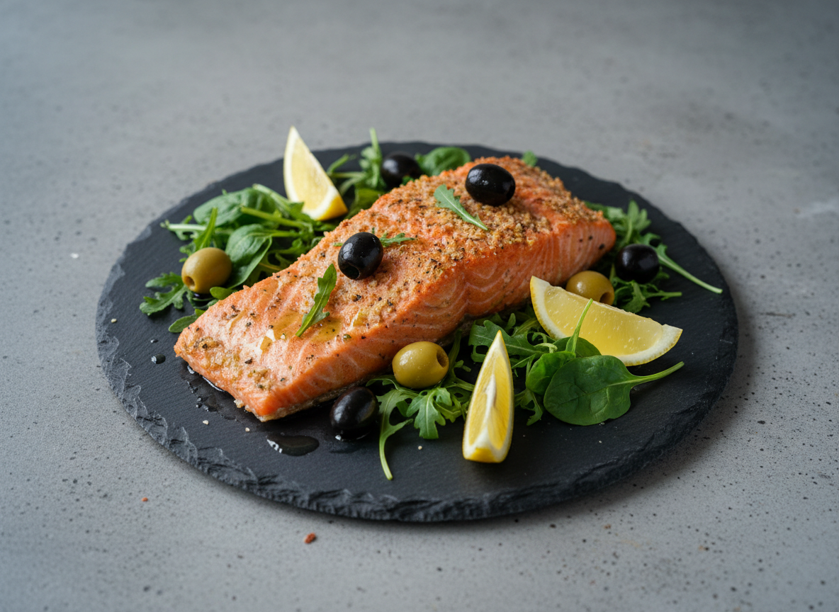 Baked salmon with olives and greens on a slate plate