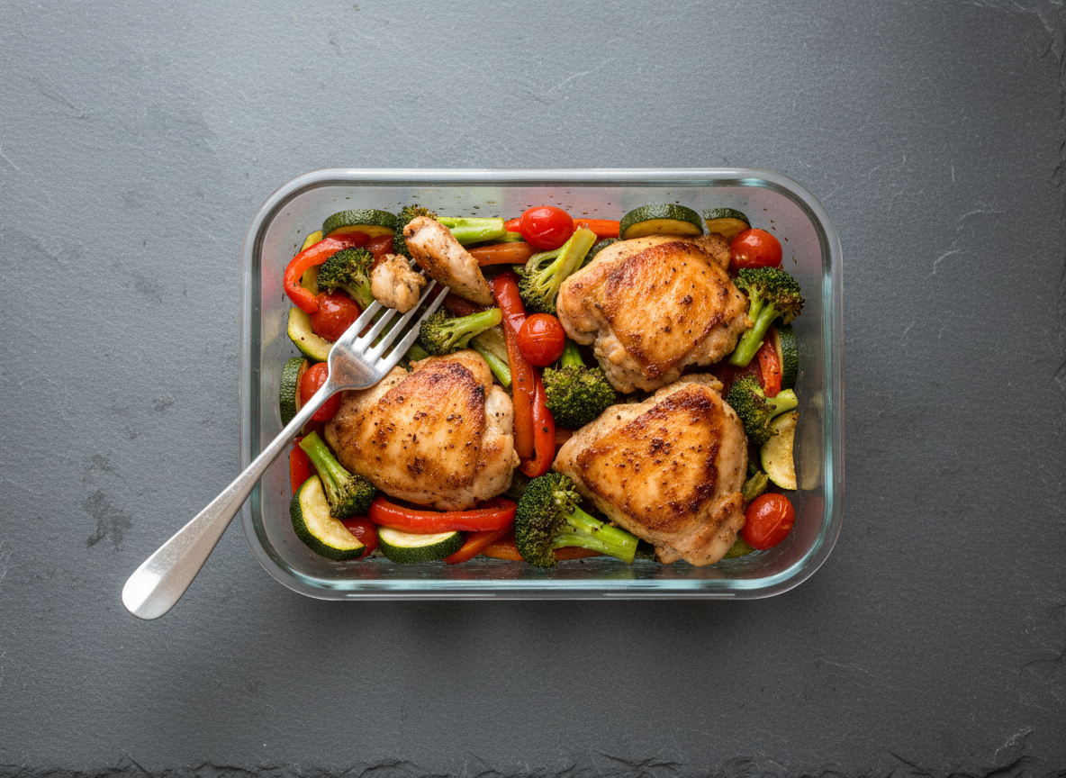 Sheet-pan chicken and roasted vegetables fresh from the oven under cold light