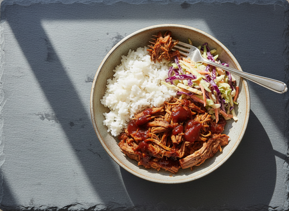 A pulled pork rice bowl from the 7-day bulking meal plan under cold light