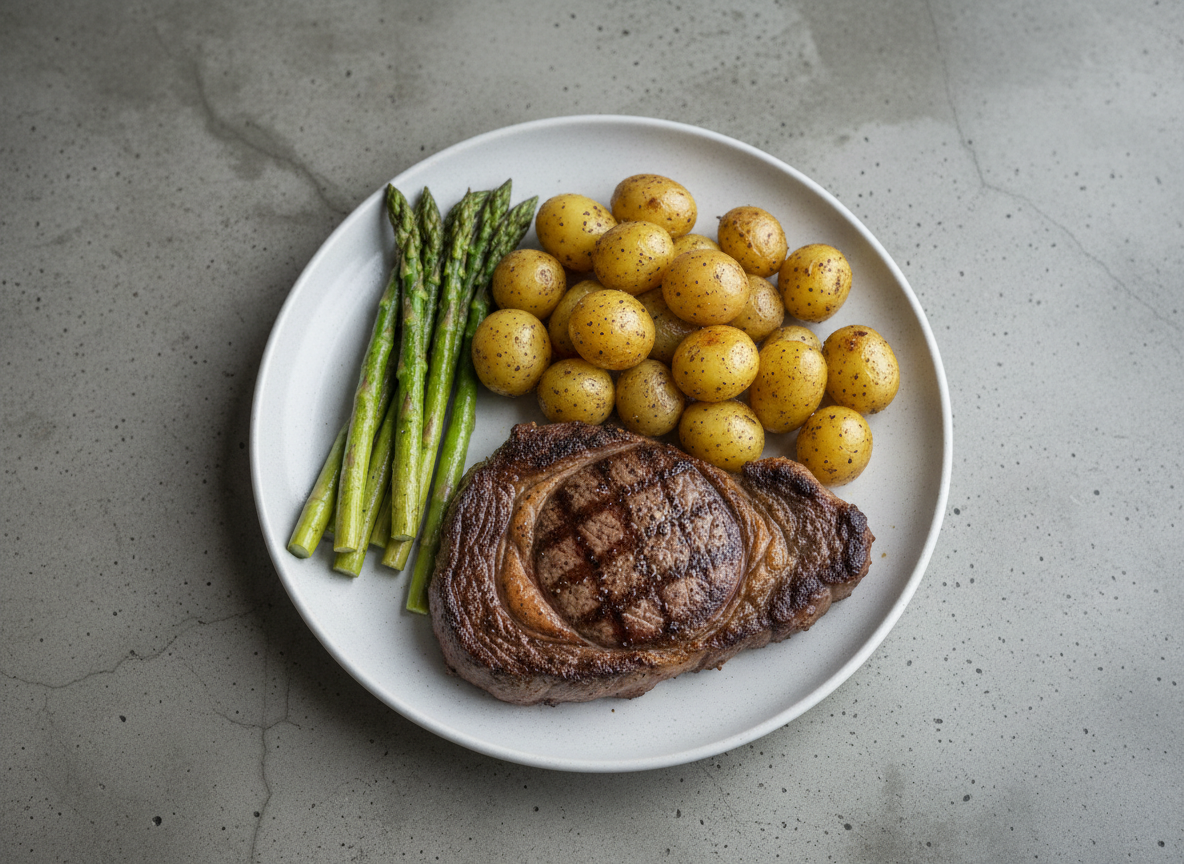 Seared steak with roasted potatoes, plated under cold light