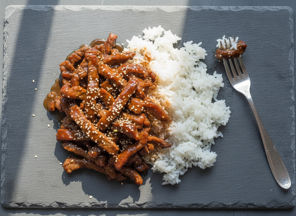 Teriyaki beef over jasmine rice plated under cold light