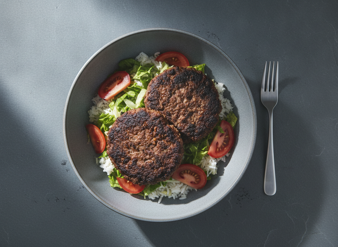 A smash-burger bowl from the 7-day bulking meal plan under cold light