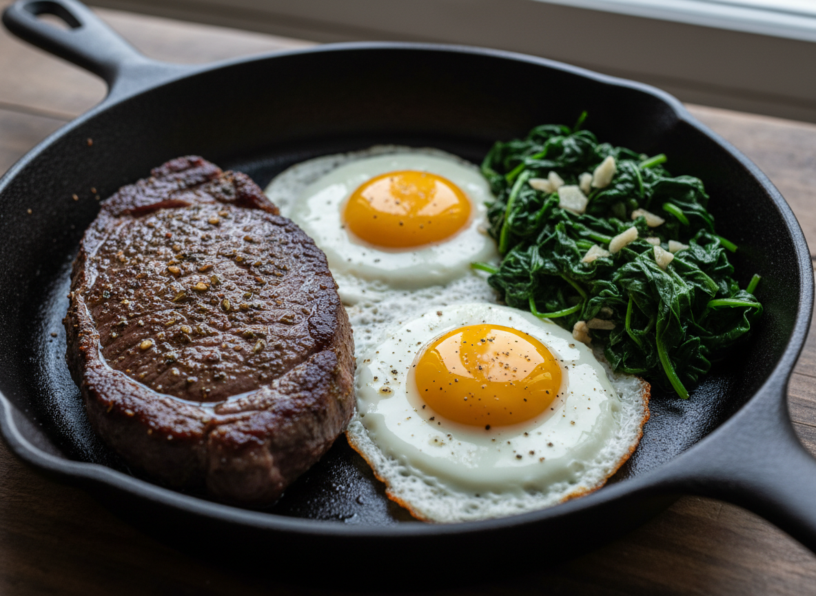 Steak and eggs with sauteed spinach