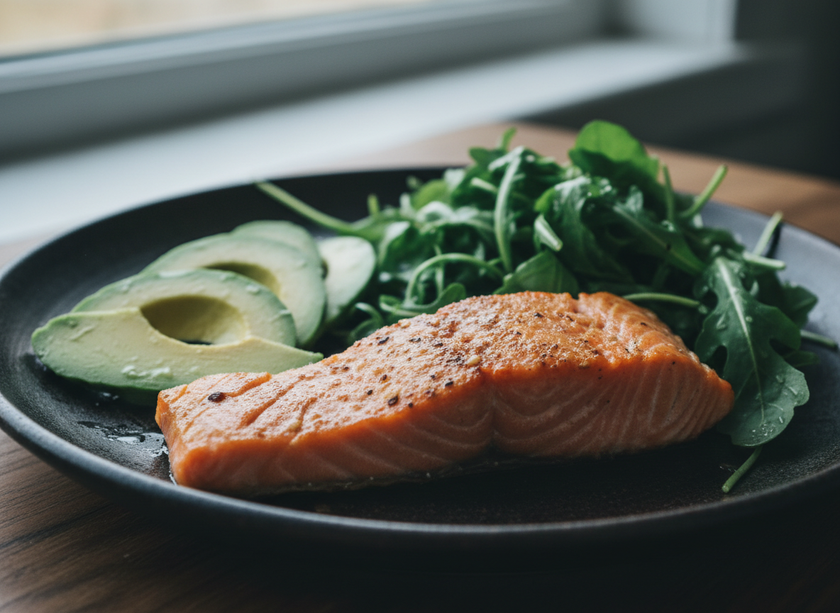 Grilled salmon fillet with sliced avocado
