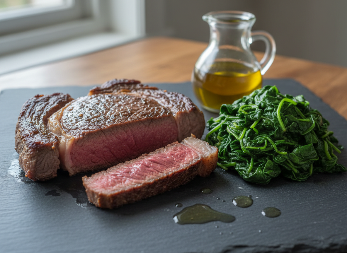 Ribeye steak with a side of sauteed spinach