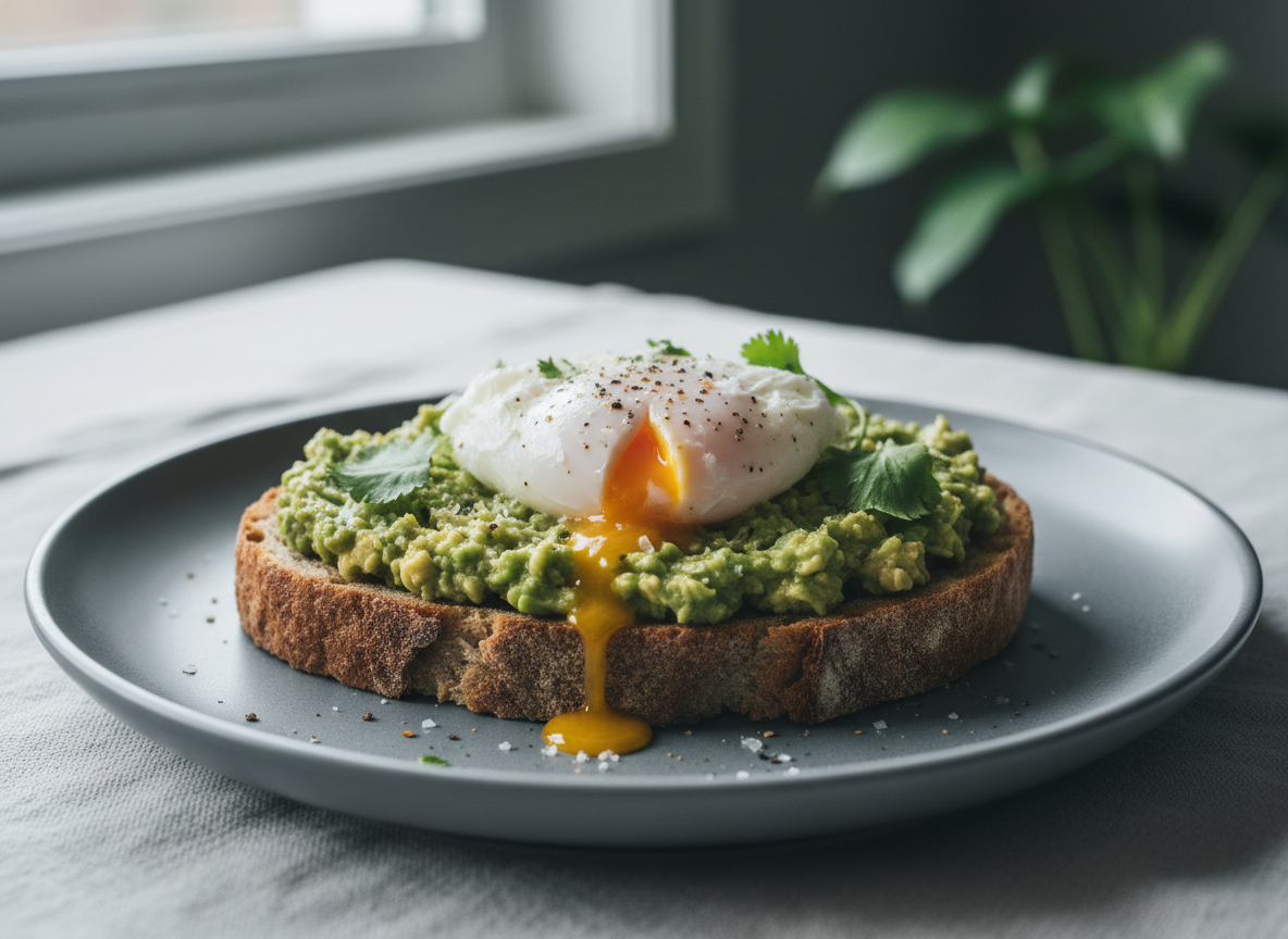 Avocado toast topped with a poached egg