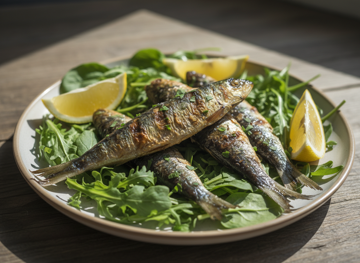 Grilled sardines served with fresh greens
