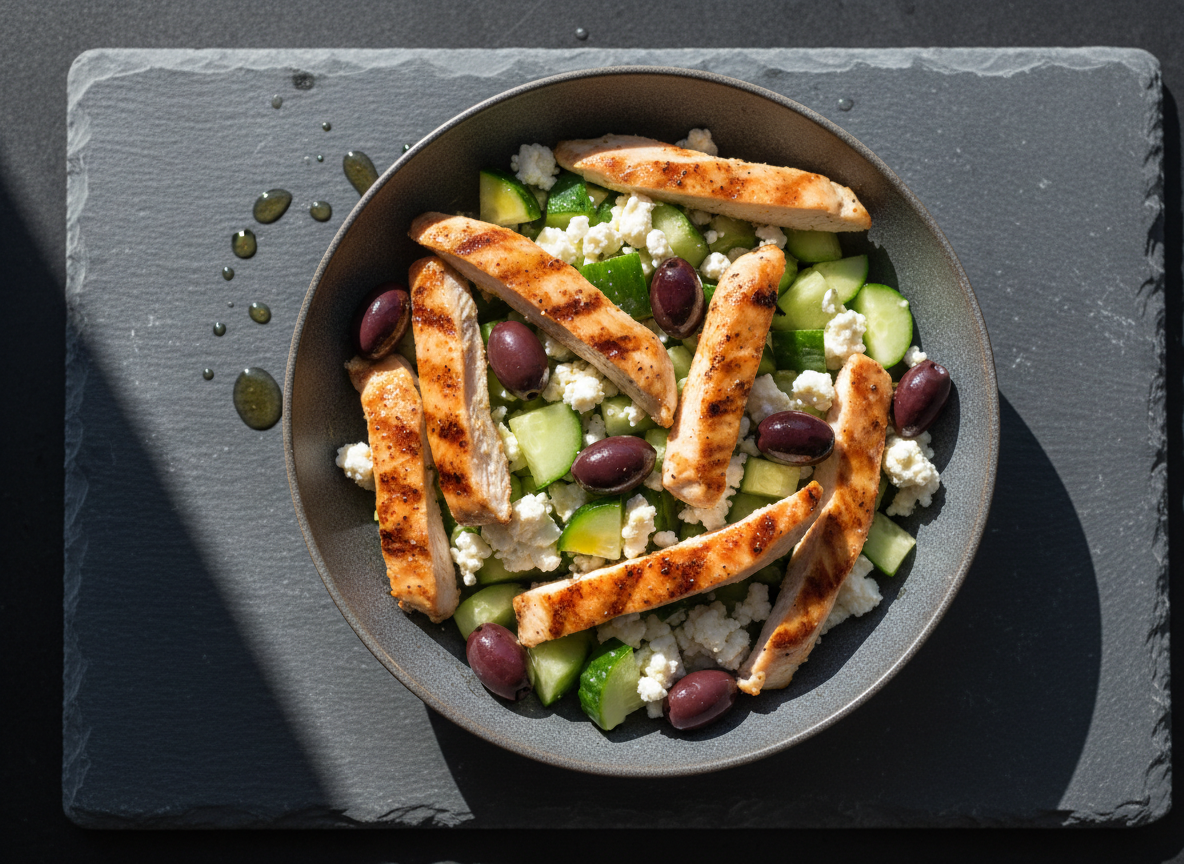 Mediterranean chicken bowl with vegetables and olives