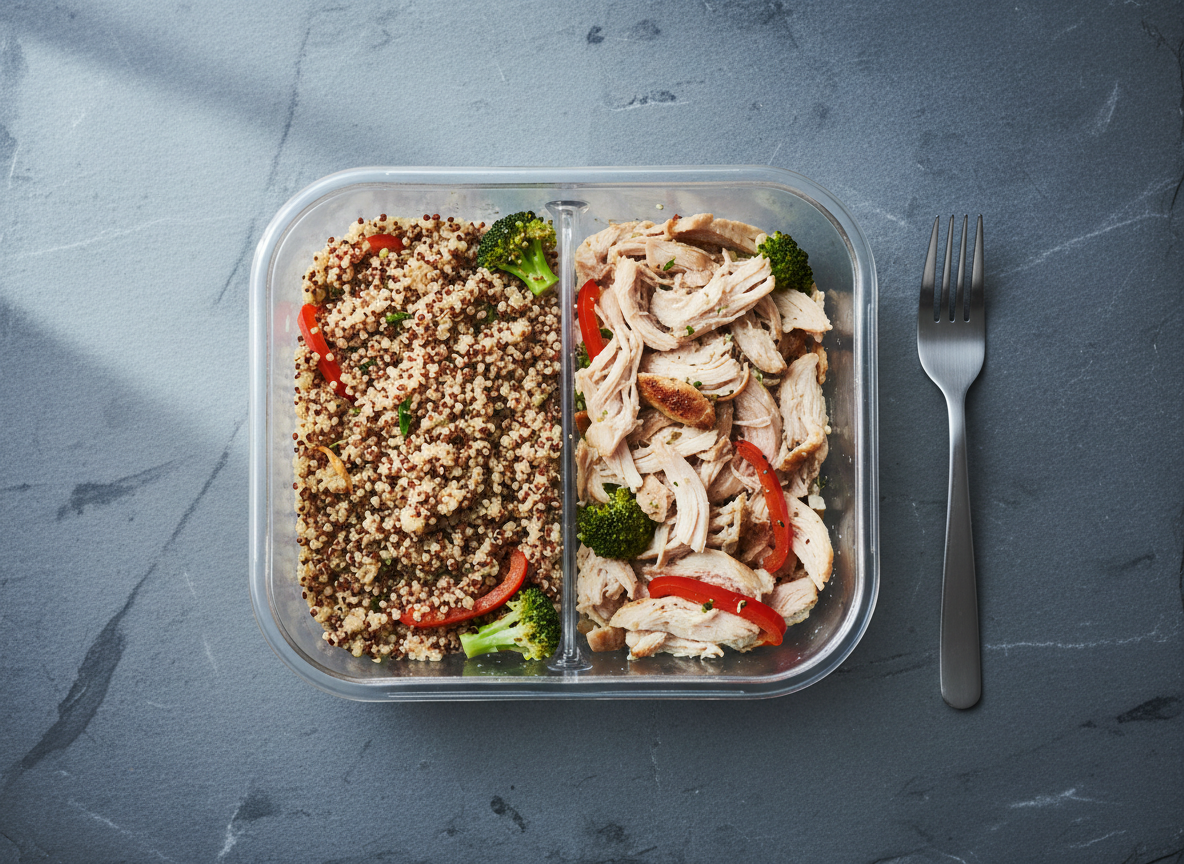 Four empty meal-prep containers and ingredients laid out on a clear bench under cold light