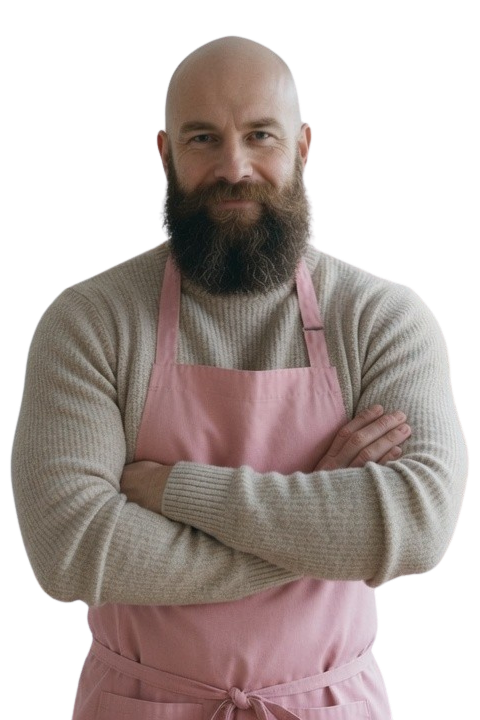 Magnus standing with arms crossed — bald, bearded, brutally built, wearing his pink apron