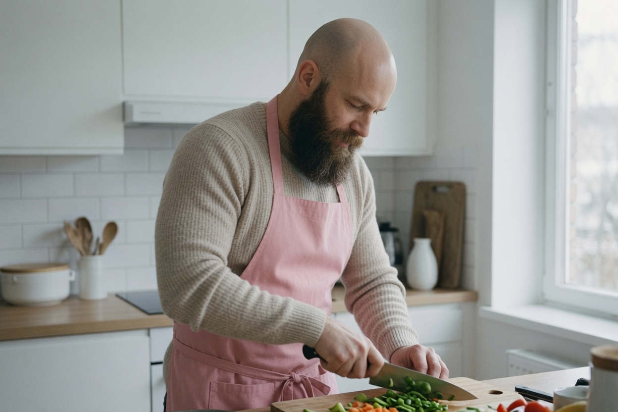 Magnus cooking in his kitchen, prepping a high-protein meal at the stove