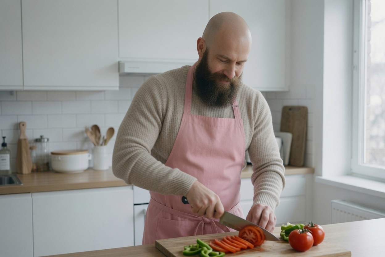 Magnus Olafsson in his kitchen — bald, bearded and broad, in his pink apron, under cold light