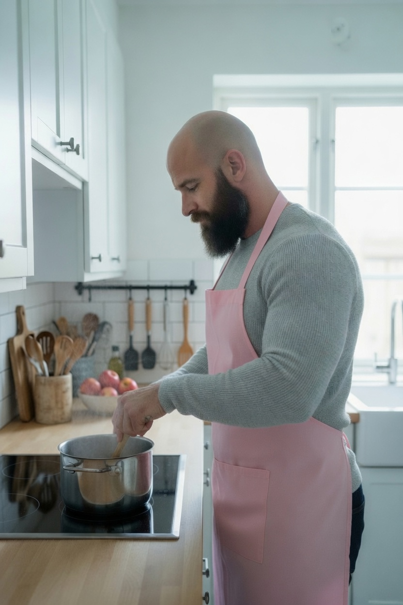 Magnus Olafsson in his kitchen — bald, bearded and broad in his pink apron, under cold light