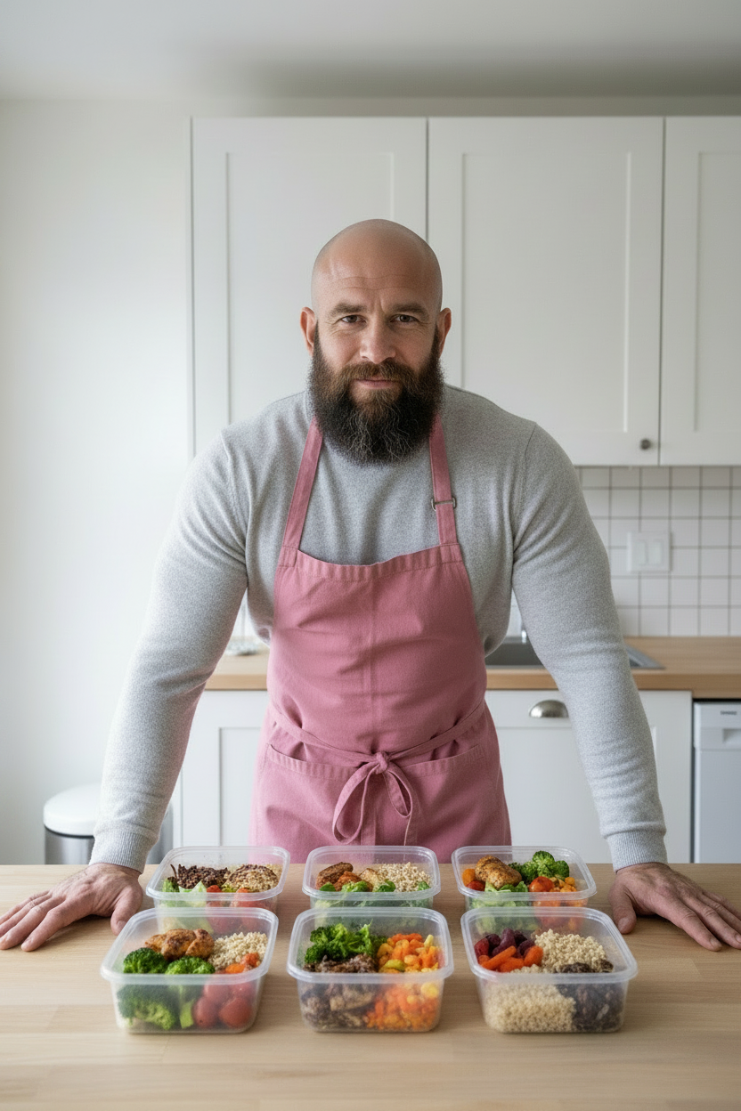 Magnus Olafsson in his kitchen — bald, bearded and broad, in his pink apron, under cold light